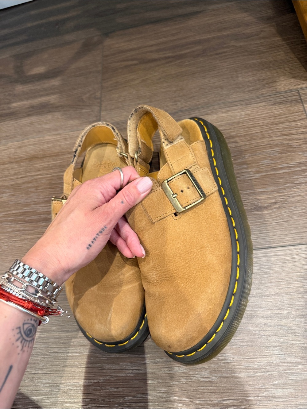 Dr. Martens Tan Suede Buckle Clog Mule